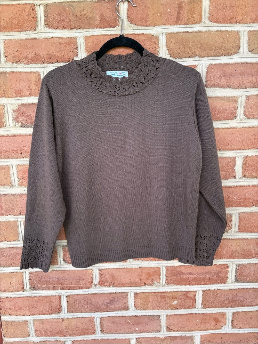 Chocolate Brown Knit Sweater with crochet Lace Trim Collar